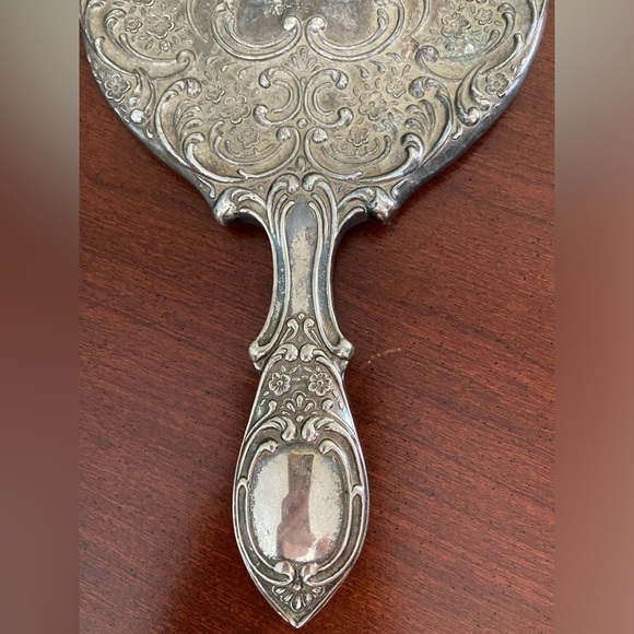 Vintage Art Deco Victorian Style Silver Plate Metal Hand Mirror Heavy 9 1/2" - Picture 5 of 10
